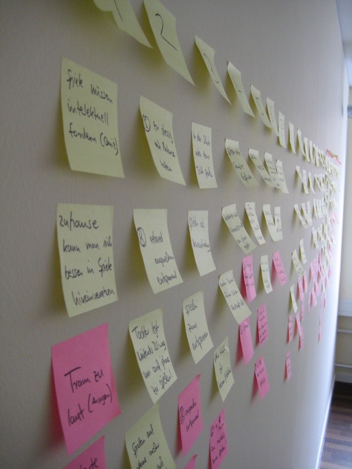 Rows of yellow and pink sticky notes with handwritten text on a wall.