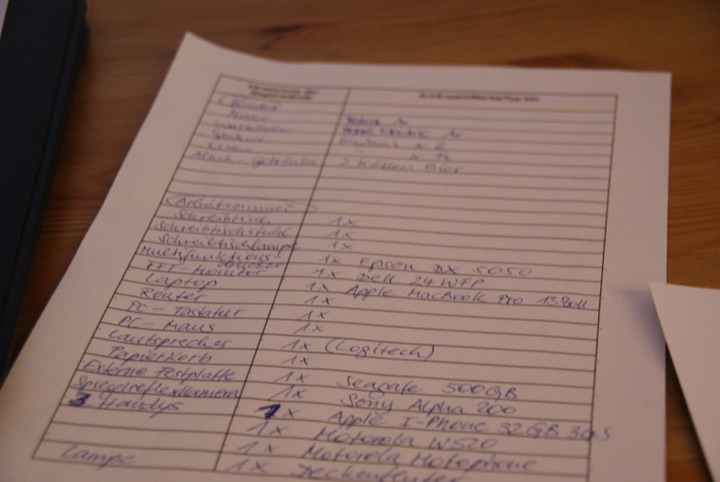 Handwritten inventory list on a wooden table.