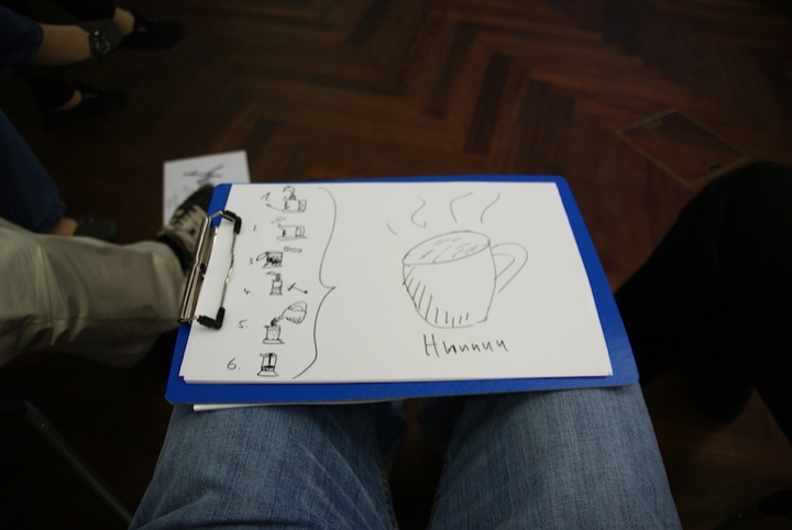 Hand-drawn coffee-making diagrams on a clipboard resting on someone’s lap.