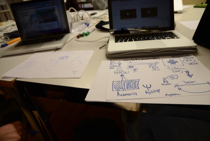 Workshop table with laptop computers and hand-drawn service diagrams.