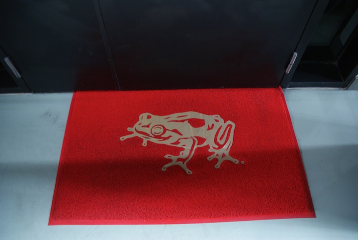 Red door mat with a stylized beige frog in front of dark glass doors.