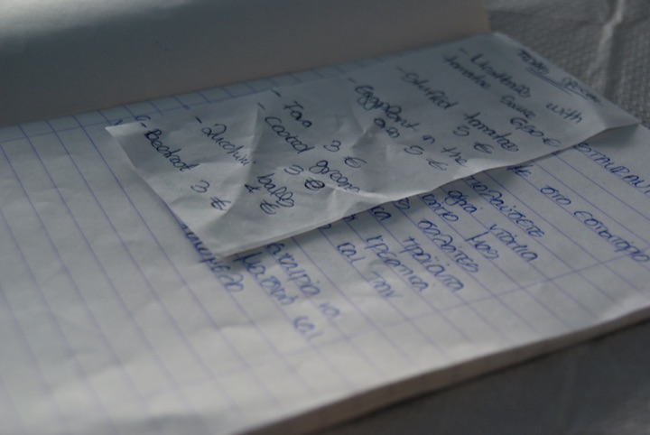 Handwritten paper note resting on an open lined notebook.