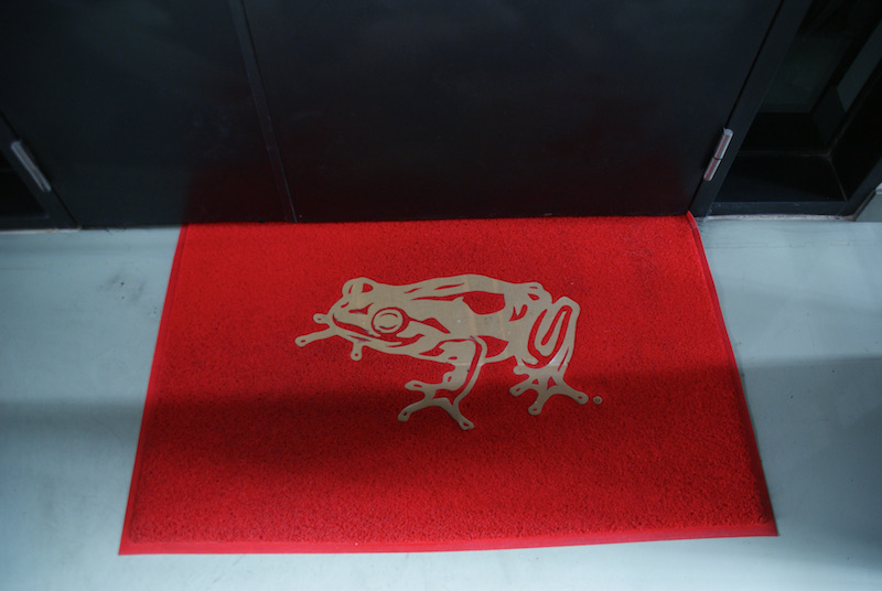 Red door mat with a stylized beige frog in front of dark glass doors.